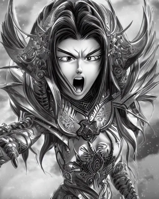 Image similar to A beautiful female screaming, high detailed face, b&w, fantasy art, in the style of masami kurumada, illustration, epic, fantasy, intricate, hyper detailed, artstation, concept art, smooth, sharp focus, ray tracing