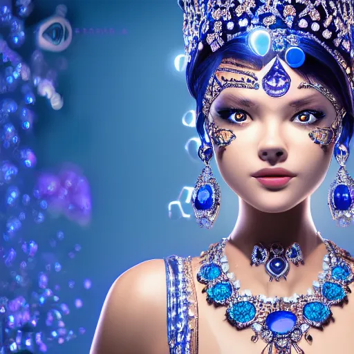 Prompt: portrait princess of sapphire, glowing, ornate and intricate blue jewelry, jaw dropping beauty, glowing background lighting, blue accent lighting, hyper detailed, majestic, 4 k octane render