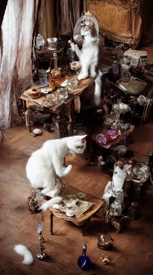 Image similar to full body protrait beautifull witch with white hair in old room. A cristal ball on a wood table with a potions and old instruments. A cat on the floor licking his paw. photorealistic, profesional photo, by Steve McCurry