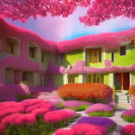 Prompt: a beautiful detailed surreal houses made from flowers in a serene landscape, janifer conelli landscape photography composition, vivid colors, octane render, redshift render