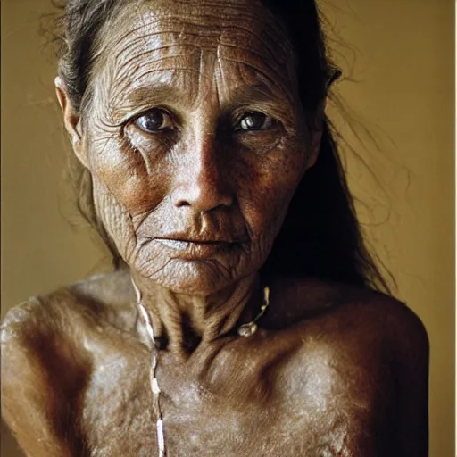 Image similar to a famous female's portrait, natural look, skin texture, some wrinkles and blemishes, extremely detailed, by steve mccurry,