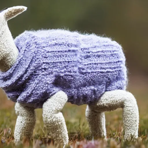 Image similar to bipedal lamb wearing a sweater, portrait photo, movie still,