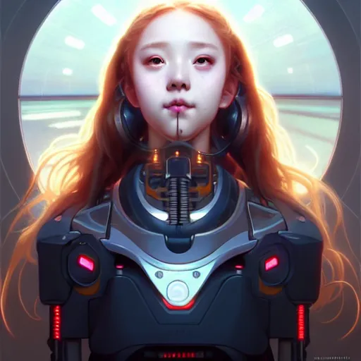 Image similar to portrait painting of a cute cyborg chuu loona kpop smiling cheerfully, ultra realistic, concept art, intricate details, eerie, highly detailed, photorealistic, octane render, 8 k, unreal engine. art by artgerm and greg rutkowski and magali villeneuve and alphonse mucha