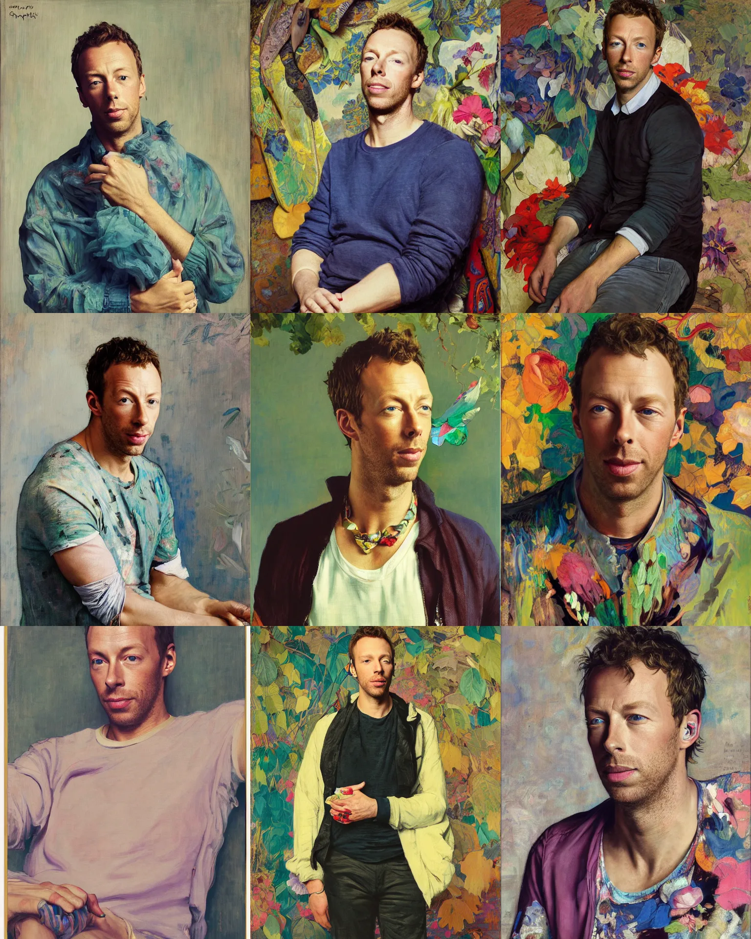 Prompt: chris martin from coldplay, portrait painting by richard schmid, ilya repin, kehinde wiley, frans hals, studio ghibli, loish, alphonse mucha, fashion photography