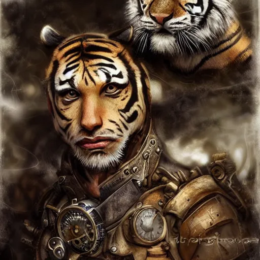 Image similar to Dream, tiger, gears, steampunk. portrait, crown, environment