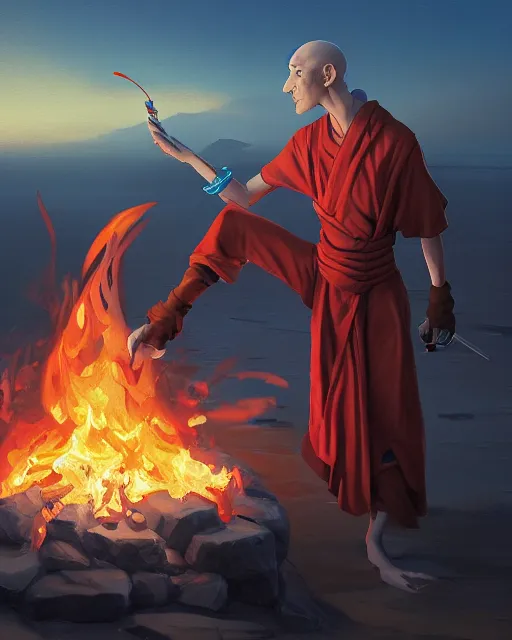Image similar to [ squidward ] wearing fire nation clothing and practicing firebendingoutside at susnset, oil painting, highly detailed, intricate, hd, sharp focus, photorealistic, by moebius and greg rutkowski, trending on artstation, trending on cgsociety, realistic shading and lighting
