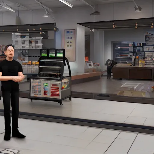 Image similar to elon musk as a store cashier, gta artstyle, wide shot, dramatic lighting, octane render, hyperrealistic, high quality, highly detailed, artstation, HD, beautiful, cinematic, 8k, unreal engine, facial accuracy, symmetrical