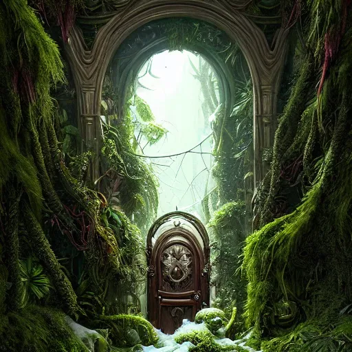 Image similar to doorway to a creature in a lush trunda vegetation, snow snow :: by Michal Karcz, Daniel Merriam, Victo Ngai and Guillermo del toro :: ornate, dynamic, particulate, intricate, elegant, highly detailed, centered, artstation, smooth, sharp focus, octane render, 3d