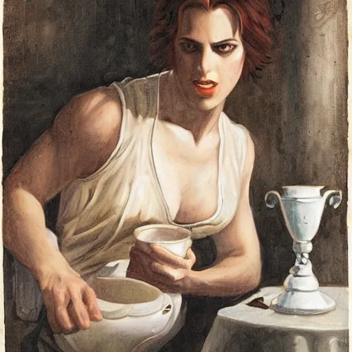 Prompt: nemesis from resident evil sits on a chair behind a coffee salt on a summer veranda and holds in his hand a small porcelain cup with tea from which steam comes out, in the stylization of romanticism paintings, detailed facial proportions