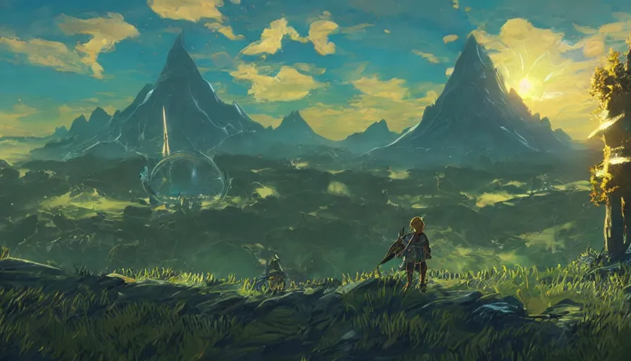 Prompt: breath of the wild elden ring beautiful landscape, concept art, glowing, dreamy, yggdrasil, golden, fromsoft