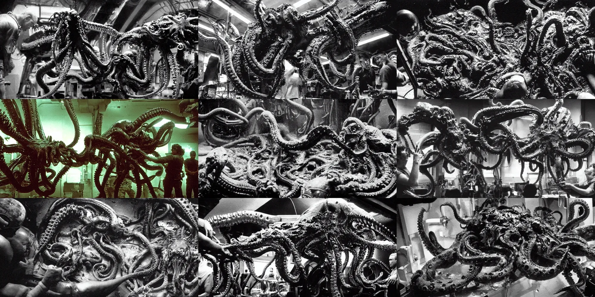 Prompt: Marines inspect Xenomorph octopus in a specimen tank , film still from Aliens by James Cameron