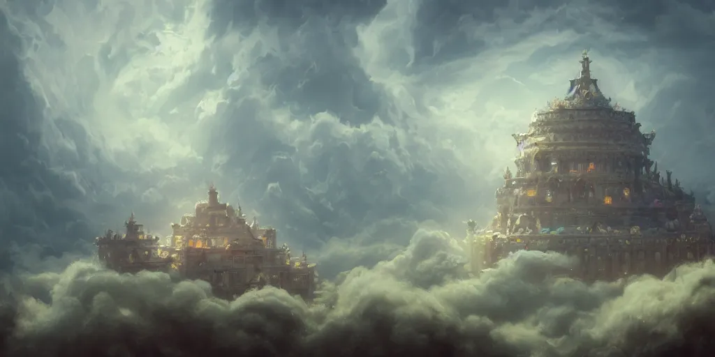 Image similar to beautiful digital illustration of a curvilinear palace in a sea of clouds by Andreas Rocha, curvilinear architecture, fluffy pastel clouds, cinematic, architecture, concept art, deviantArt, artsation, artstation HQ, HD, 16k resolution, smooth, sharp detail, amazing depth, octane, finalRender, Unreal Engine