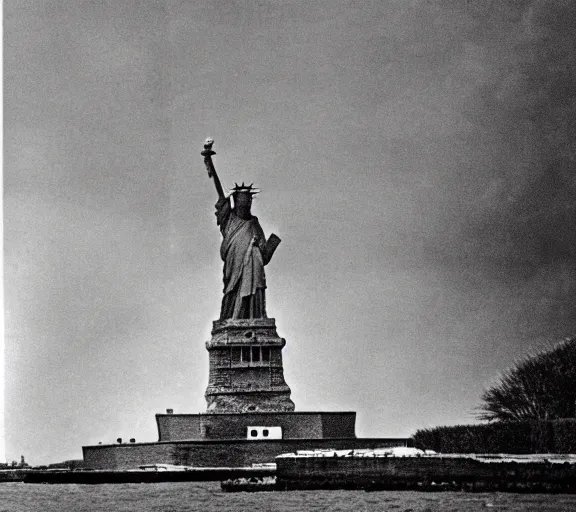 Prompt: fragment ruins of statue of liberty, editorial footage, time magazine,