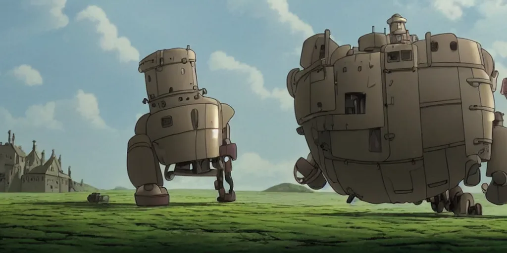 Prompt: a cell - shaded cartoon movie still from howl's moving castle ( 2 0 0 4 ) of a giant mechanical golem swaying in a flooded valley. shafts of sunlight come from above. a ufo is in the sky. wide shot, very dull muted colors, hd, 4 k, hq