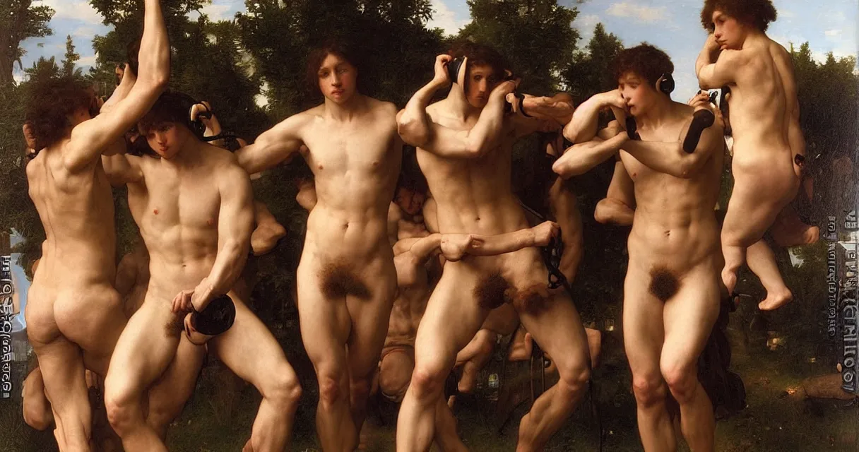 Image similar to large group of pre-Raphaelite muscular athletic male wearing headset siting and working on macbook Bouguereau and raphael