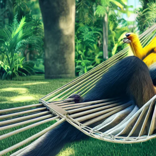 Prompt: digital art of a monkey laying in a hammock eating a banana, octane render, 8 k render, saturated, dynamic lighting