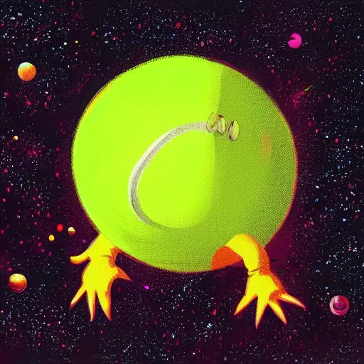 Prompt: a tennis ball monster in space , digital art, fantasy, magic, trending on artstation, ultra detailed, professional illustration by Basil Gogos