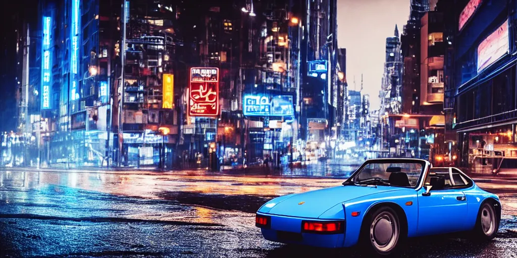 Prompt: blue porsche 9 1 4 convertable on a rainy city street, neon lights glowing, cinematic, ultrarealisitc, 4 k