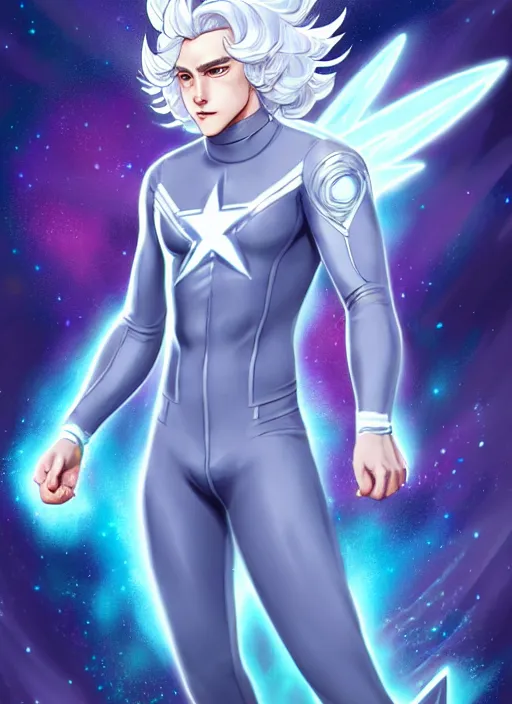 Image similar to full body portrait of quicksilver as a magical star guardian. detailed face, concept art, intricate, highly detailed 8 k, smooth, sharp focus, beautiful and aesthetic shape of face and body, artgerm, artstation, art by zexi guo and nira and junpei suzuki and gharliera and rinotuna