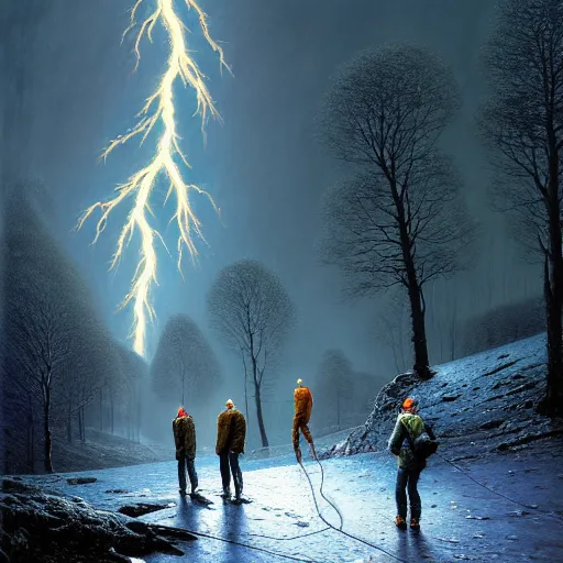 Image similar to a beautiful painting of group of climbers, extreme cold, storm, octane rendering, grim, dark, gloomy, cruel, volumetric lightning, hyperrealism, no blur, 4 k resolution, ultra detailed, style of john atkinson grimshaw, ivan shishkin, tyler edlin, scott listfield, eric zener