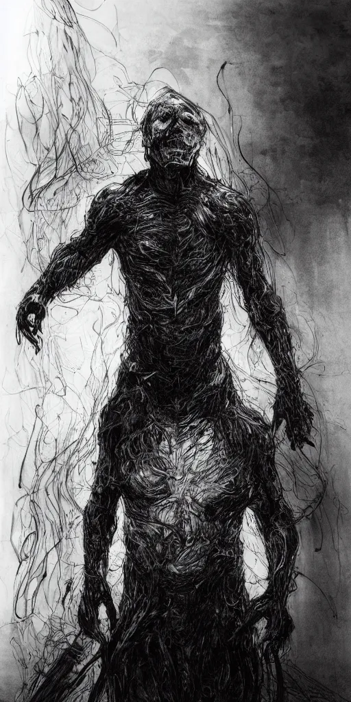 Image similar to concept art of a man with his body covered in burns, with black smoke coming out of his hands, dark colors, sinister atmosphere, dramatic lighting, cinematic, establishing shot, extremely high detail, photo realistic, cinematic lighting, pen and ink, intricate line drawings, by Yoshitaka Amano, Ruan Jia, Kentaro Miura, Artgerm, post processed, concept art, artstation, matte painting, style by eddie mendoza, raphael lacoste, alex ross,