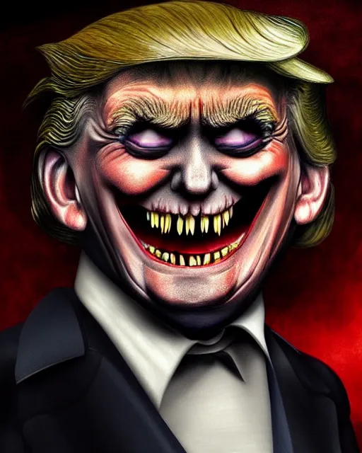 Prompt: donald trump dracula, fangs, character portrait, close up, concept art, intricate details, hyperrealism, in the style of otto dix and h. r giger
