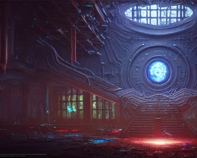 Prompt: cosmic horror in an abandoned space, volumetric lighting, intricately detailed, cosmic horror, vibrant colors, Art station, Epic scale, art by Greg Rutkowski, art by Ruth Asawa, art by Ted Nasmith, art by H.R. Giger, Octane render, Unreal Engine 3D, 8k