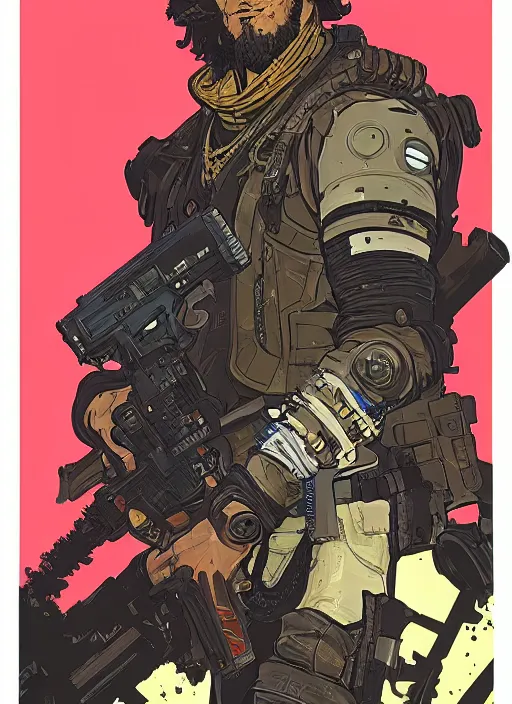 Prompt: vernon. buff cyberpunk mercenary. portrait illustration, pop art, splash painting, art by ashley wood, alphonse mucha, laurie greasley and josan gonzales ( apex legends )