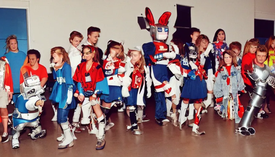 Image similar to 1990s candid photo of a middle school home coming dance with robot warrior rabbits, cinematic, UHD