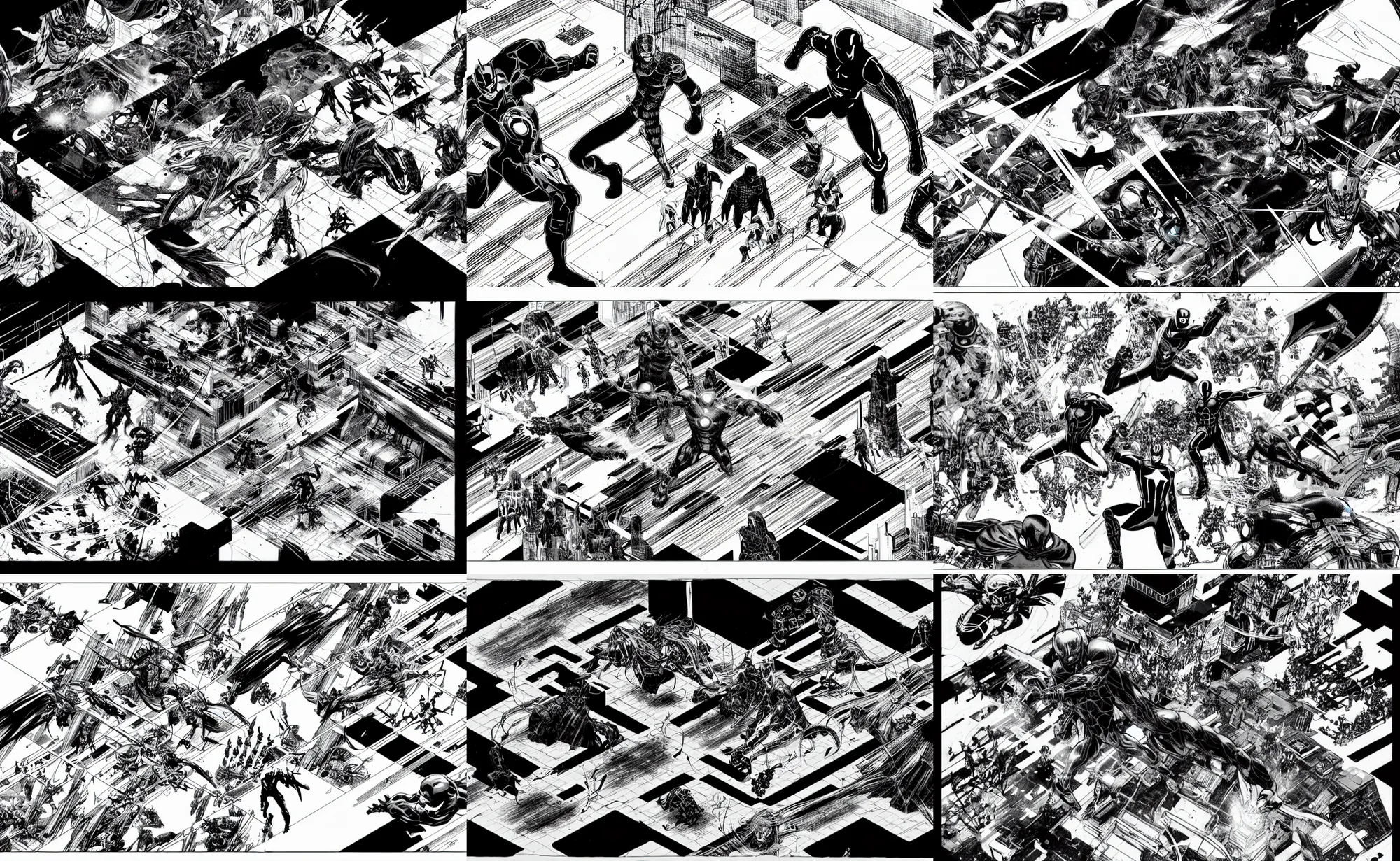 Prompt: black and white avengers fights, isometric, by tsutomu nihei