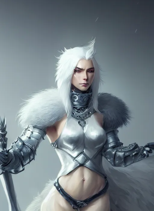 Image similar to fur - lined armor!!! beautiful and elegant white haired female!! gorgeous ayes!! character concept art, sharp focus, octane render! unreal engine 5! highly rendered!! trending on artstation!! detailed linework!! illustration by bussiere rutkowski andreas rocha