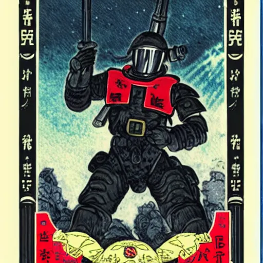 Prompt: imperial japan space marines, tarot card style, pulp noir illustration