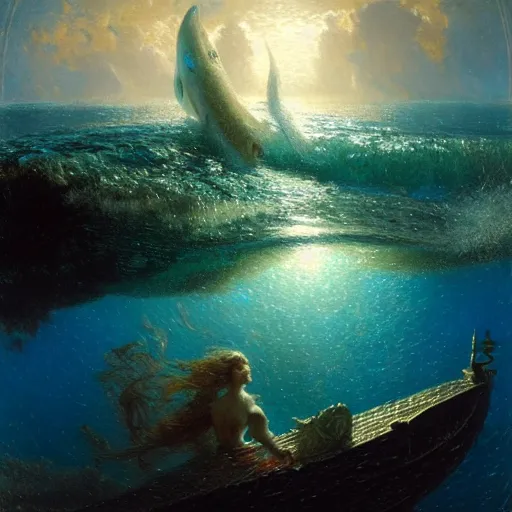 Image similar to point of view of deep in the ocean looking up, you see fishes, higher up you see very clearly the milk way illuminating the sea down bellow, night time. highly detailed painting by gaston bussiere, greg rutkowski 8 k