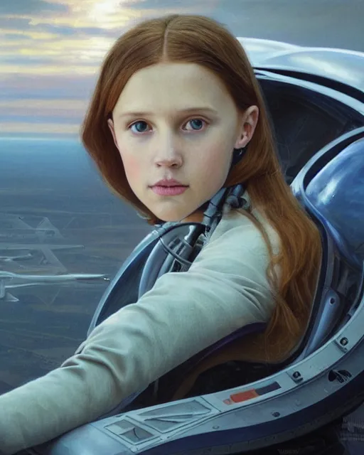 Prompt: a well - lit, realistic oil painting of a girl resembling a young, shy, redheaded irish alicia vikander or millie bobby brown in a futuristic mechanical spaceship cockpit at sunset, highly detailed, intricate, concept art, artstation, by donato giancola, ron cobb, and artgerm