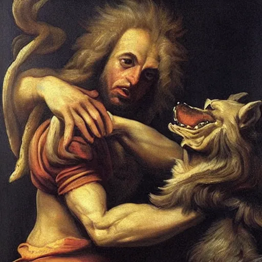 Prompt: a beautiful baroque painting of a werewolf.