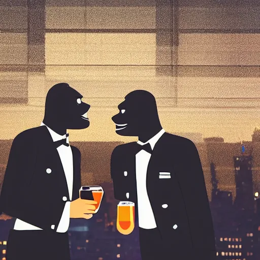 Prompt: two stylized apes dressed in suits drinking a cocktail on a fancy new york roof top, wide angle filmic shot, fancy club lights. in the style of arcane