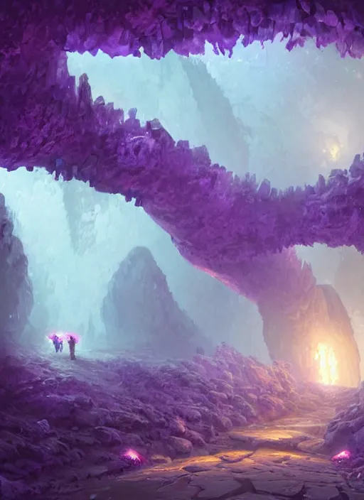 Prompt: zergling tunnel in cave of purple crystals, beautiful painting by greg rutkowski, trending on artstation