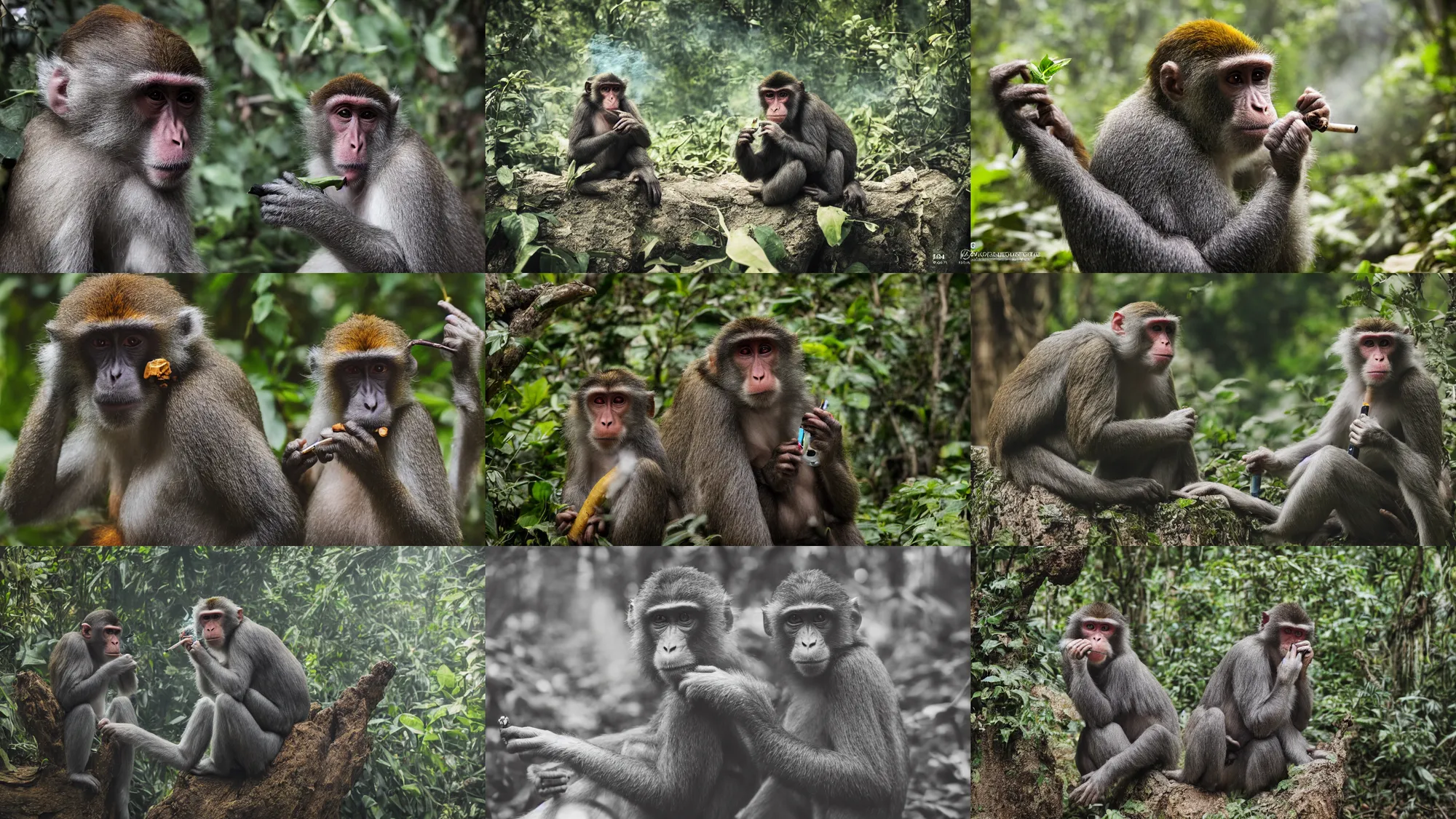 Prompt: a monkey smoking a blunt, jungle landscape, smoke, photograph, national geographic, canon eos r 3, 4 k, raw