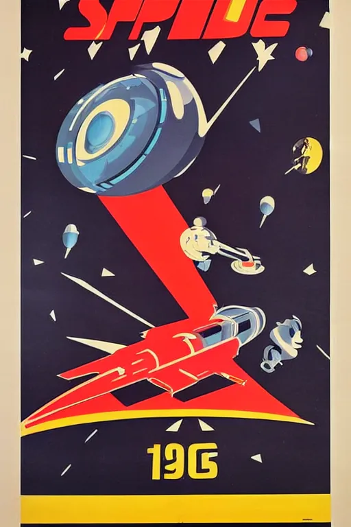 Prompt: propaganda poster of futuristic space race, 1 9 5 0 s style, futuristic design, dark, symmetrical, washed out color, centered, art deco, 1 9 5 0's futuristic, glowing highlights, intense