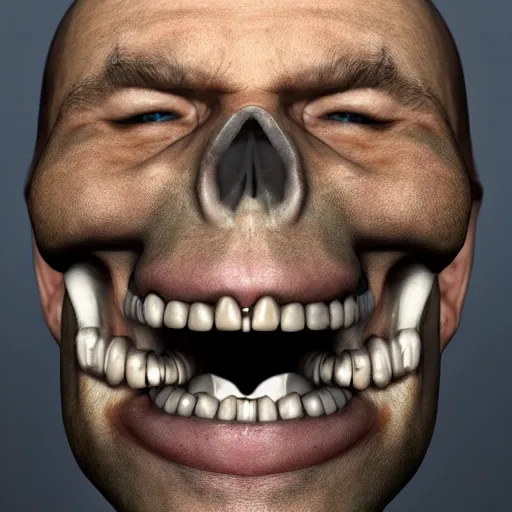 Image similar to extreme closeup photo of a man with a very wide open mouth with a skull inside his mouth, 3D render,subsurface scattering,global illumination,raytracing,studio lighting,cinematic,photorealistic,4k, UHD, HDR