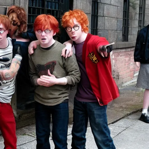 Image similar to harry potter and ron weasley as gang - members in the ghetto