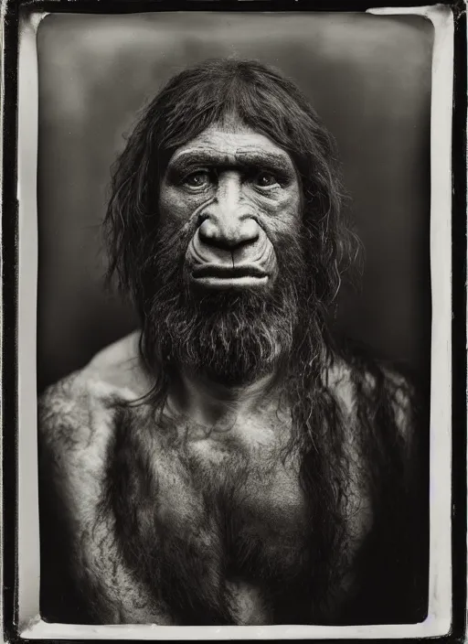 Prompt: portrait of a neanderthaler, hyperrealism, photo realistic, detailed, award winning photograph, cinematic lighting, ambrotype wet plate collodion by richard avedon and shane balkowitsch