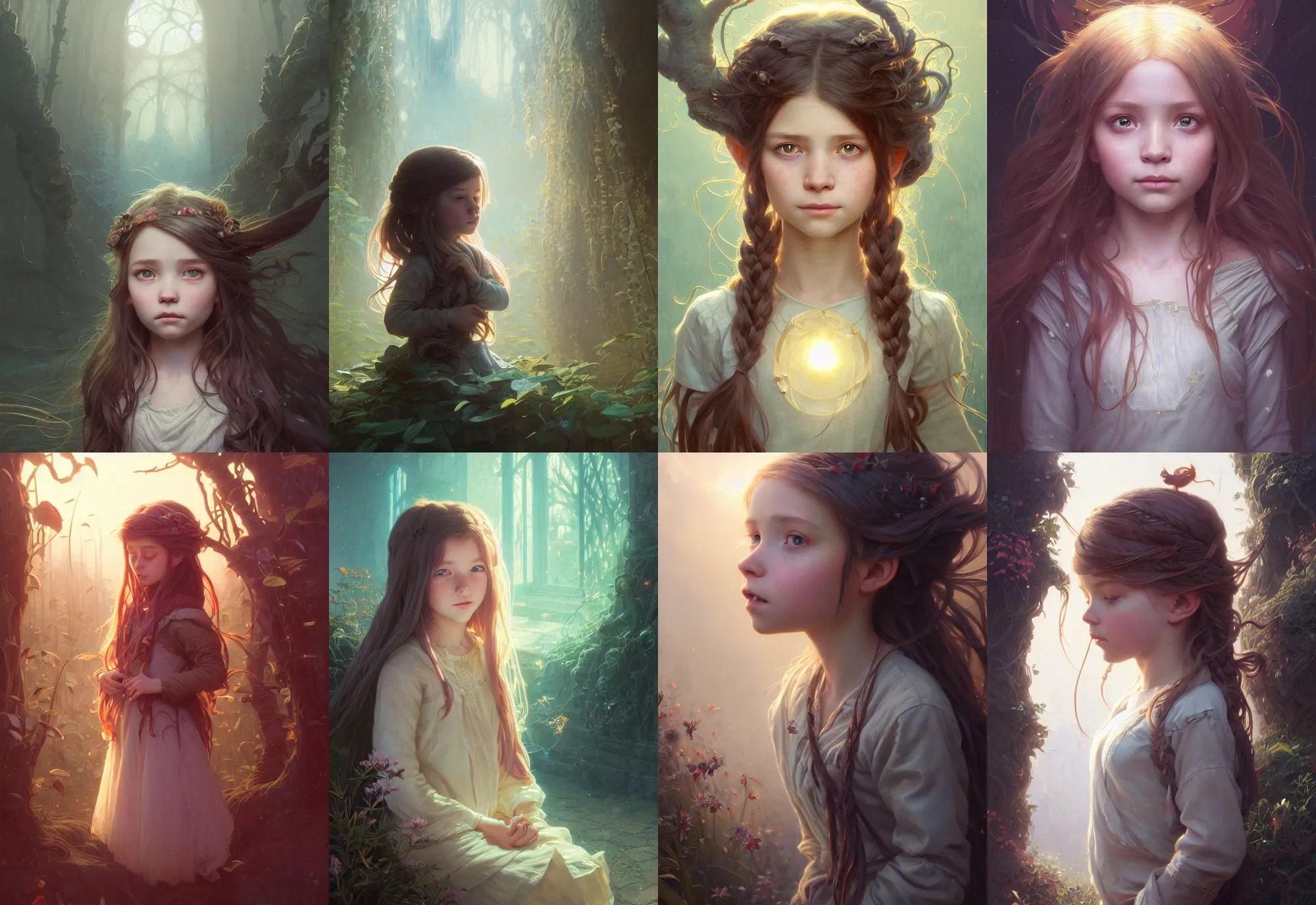 Image similar to highly detailed portrait of a little girl with long hairs, stephen bliss, unreal engine, fantasy art by greg rutkowski, loish, rhads, ferdinand knab, makoto shinkai and lois van baarle, ilya kuvshinov, rossdraws, tom bagshaw, alphonse mucha, global illumination, radiant light, detailed and intricate environment