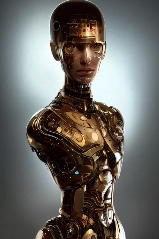 Image similar to full figure portrait of a female android made of chrome and woodgrain, lean sleek styling, feminine curves, reflective, inscribed etched with gnostic runes, by jessica rossier