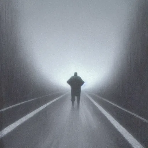 Image similar to humanoid beings standing on a road, car driver pov, headlights, by Zdzislaw Beksinski