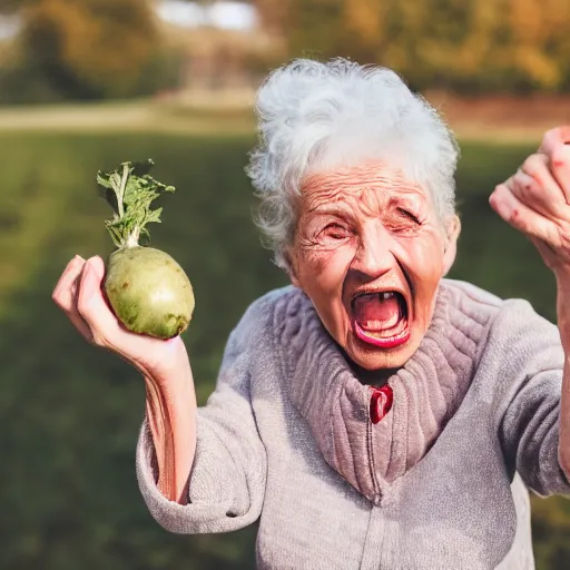 Image similar to elderly woman screaming at a turnip, canon eos r 3, f / 1. 4, iso 2 0 0, 1 / 1 6 0 s, 8 k, raw, unedited, symmetrical balance, wide angle