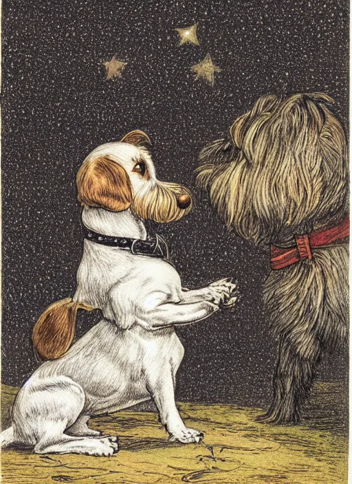 Prompt: candid portrait of jack russel dog looking up barking, from behind, night sky, highly detailed, side view, illustrated by peggy fortnum and beatrix potter and sir john tenniel