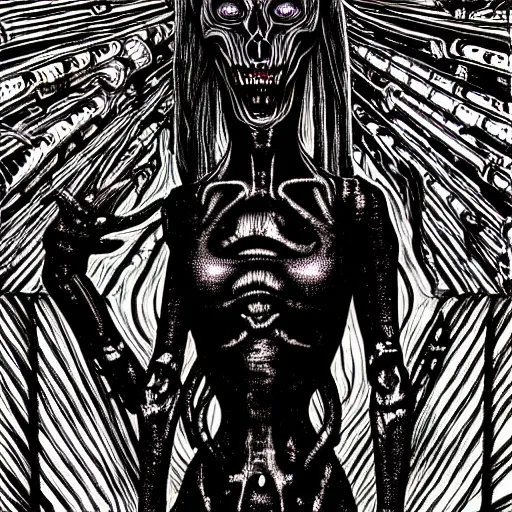 Image similar to a dark humanoid, hyper detailed, in the style of h. r. giger and junji ito and h. r. giger and junji ito, selfie