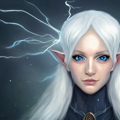 Image similar to Beautiful white haired aged fair skinned scholar elf with spell scroll and lightning background, realistic eyes, full body, symmetrical, realism, digital painting, detailed artwork, portrait, mythical, artstation, high quality