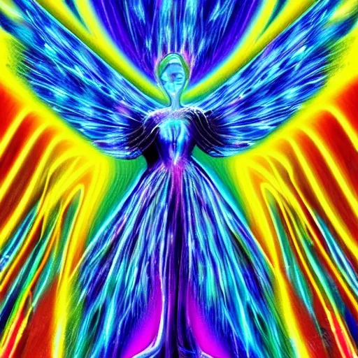 Prompt: abstract painting, of a beautiful psychedelic xray angel. colorful clothes. psychedelic splash colors, teal sparkels, lightning, night background, mist